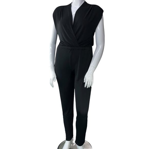 Ripley Rader Womens Size 3 US M Black Faux Wrap VNeck Stretch Jumpsuit Taper Leg
